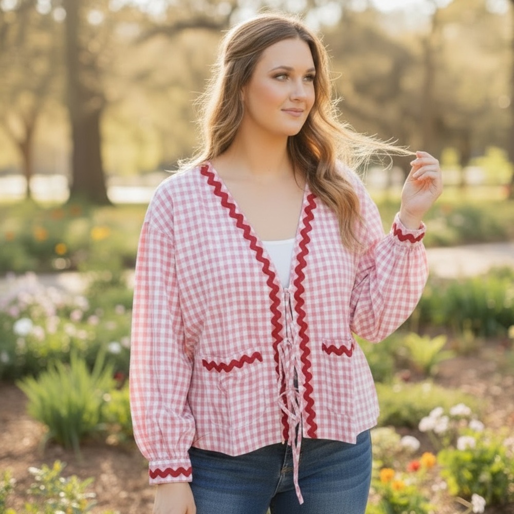 Haptics Pink Gingham Red Trim Cardigan Top